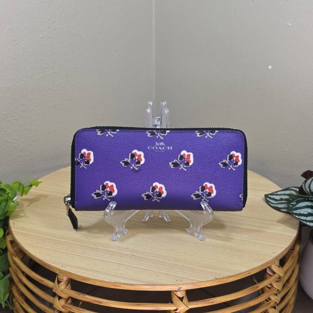 Coach Bramble Rose Purple Floral Slim Accordion Zip Wallet Leather F56732
